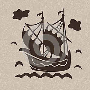 Vintage sailboat floating on waves, ship in sea, vector with noise and texture, marble textured background.