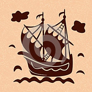 Vintage sailboat floating on waves, ship in sea, vector with noise and texture, marble textured background.