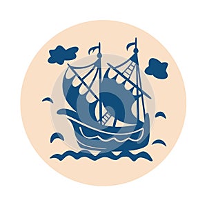 Vintage sailboat floating on waves, vector illustration with ship in sea.