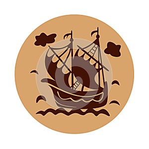 Vintage sailboat floating on waves, vector illustration with ship in sea.