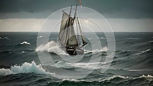 Vintage sailboat in stormy sea. Toned image. Old sailboat caught in a big storm at sea, AI Generated
