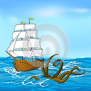 Vintage sailing ship and kraken at sea