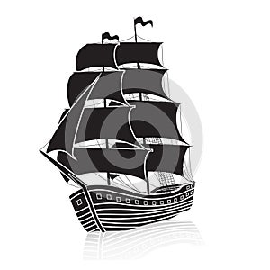 Vintage sailing ship at sea with reflection