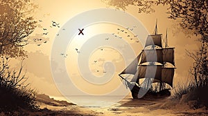pirate ship on shore with treasure map marker