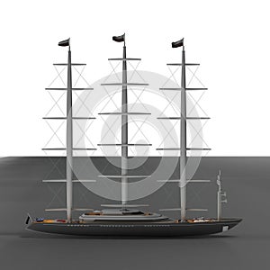 Vintage sailing vessel drifting afloat a grey surface, 3D rendered