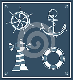 Vintage sailor icons lighthouse wheel anchor