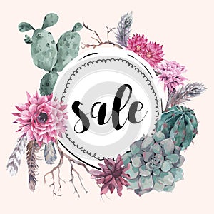 Vintage sale card with branches and succulent