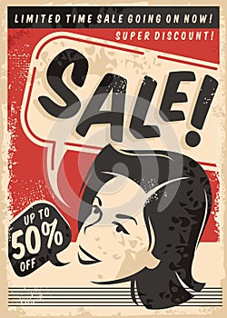 Vintage sale comic style poster on old paper texture