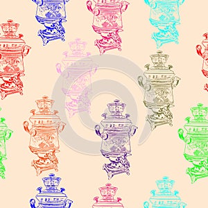 Vintage samovar seamless pattern in graphic style.