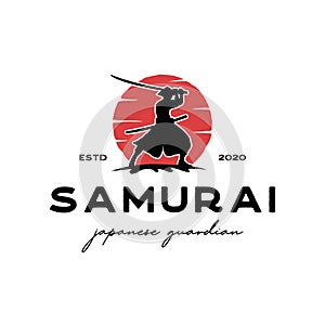 Vintage Samurai moon logo design illustration