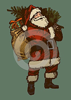 Vintage santa claus drawing. retro card colors santa.