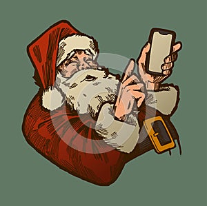 Vintage Santa Claus with smartphone