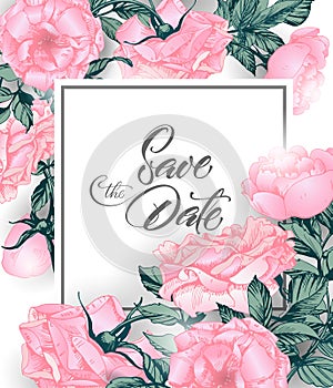 Vintage Save the date with roses. wedding invitation design. Hand drawn illustration. Vector