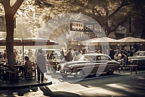 Vintage scene of Beijing street cafe in the past with old cars Generative AI Illustration