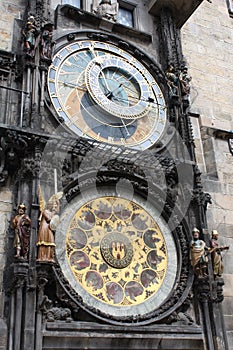 Vintage scene of Prague astronomic watch at city central square.