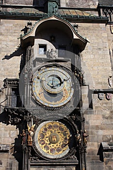 Vintage scene of Prague astronomic watch at city central square.