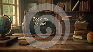 Vintage School Desk with Chalkboard and Classic Books.