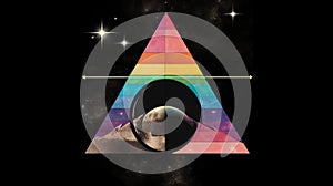 Vintage Sci-fi Poster Design: Black Triangle With Rainbow Moon