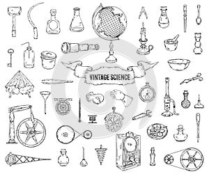 Vintage science objects set in steampunk style. Scientific equipment for physics, chemistry, geography, pharmacy