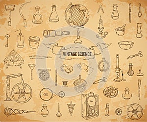 Vintage science objects set in steampunk style. Scientific equipment for physics, chemistry, geography, pharmacy on aged paper bac