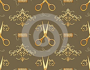 Vintage Scissors and Ornate Scrollwork Seamless Pattern