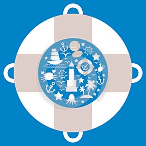 Vintage scrap nautical card with sea objects collection. Vector