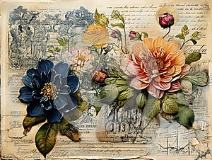 Vintage scrapbook background with victorian style flowers and ephemera. Decoupage paper