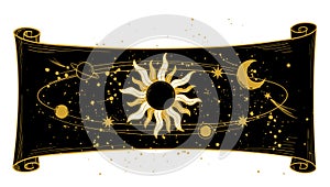 Vintage scroll of the universe with the sun and planets on a black background with stars. Card for Tarot, astrology