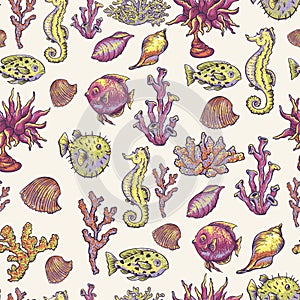 Vintage sea life natural seamless pattern, underwater vector texture