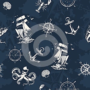 Vintage sea and nautical seamless pattern