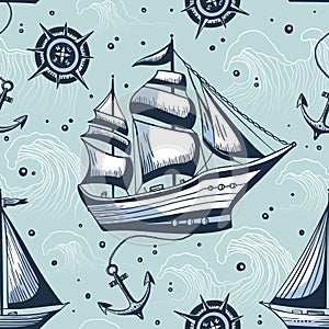 Vintage sea ship ocean blue seamless vector pattern. Hand drawn sketch with waves and anchor background