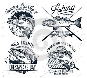 Vintage Sea Trout Fishing Emblems, Labels and Design Elements.