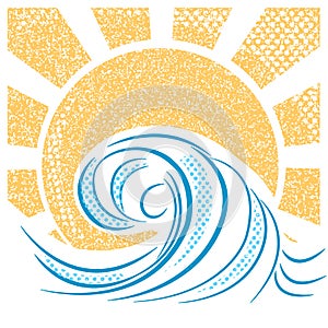 Vintage sea waves and sun. Vector illustration of sea landscape