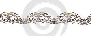 Vintage seamless border of roseship branches with leaves. Botanical Endless banner. Hand painted watercolor illustration