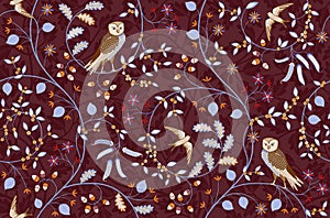 Vintage seamless fabric ornament with flowers and birds on burgundy background. Middle ages William Morris style. Vector