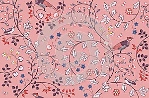 Vintage seamless fabric pattern with flowers and birds on pink background. Middle ages William Morris style. Vector photo
