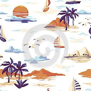 Vintage seamless island pattern Landscape with palm trees, yacht, beach and ocean hand drawn style