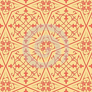 Vintage seamless linear pattern in damask / persian / turkish style. beautiful soft yellow and soft red endless vector design