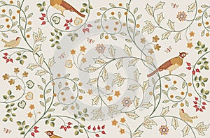 Vintage seamless ornament with plants, flowers and birds on light background. Middle ages William Morris style. Vector photo