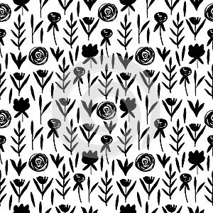 Vintage seamless pastel vector floral pattern. Black and white simple repeatable background.