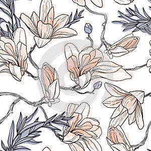 Vintage seamless pattern, background with spring flowers magnolia.