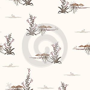 Vintage Seamless pattern with birds swans in the lake, flowers and mountain. Vector EPS10 illustration hand drawn.Design for