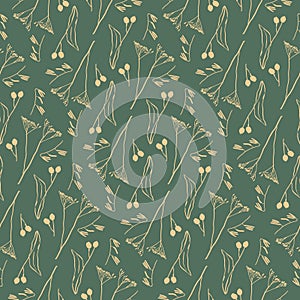 Vintage seamless pattern with botanical line drawings. Earthy neutral colors.