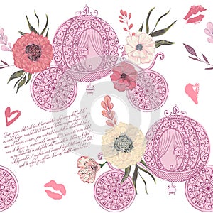 Vintage seamless pattern with carriage, kisses, hearts and floral elements on white background.