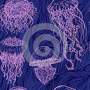 Vintage seamless pattern with collection of jellyfish. Hand drawn vector illustration of marine fauna in line art style.