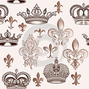 Vintage seamless pattern with crowns and fleur de lis for design