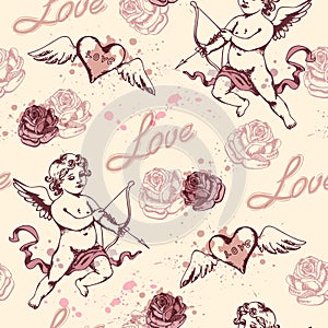 Vintage seamless pattern with Cupid