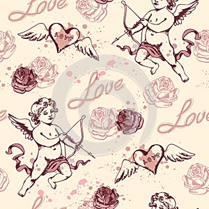 Vintage seamless pattern with Cupid photo