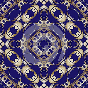 Vintage seamless pattern. Floral ornamental vector Damask background. Repeat Baroque style backdrop. Golden flowers, leaves.