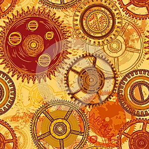 Vintage seamless pattern with gears of clockwork on aged paper background.